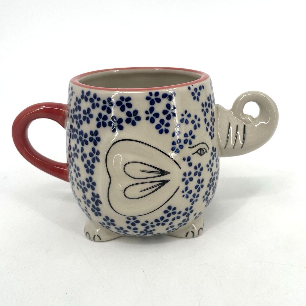 Yokohama Studio 3D Elephant Mug Japan Cup 20oz Handpainted Blue Flowers Trunk Up